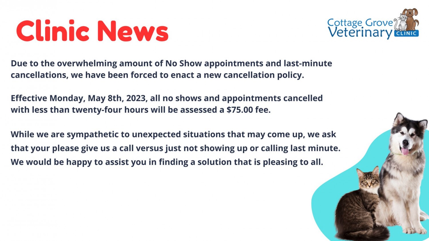 Cottage Grove Veterinary Clinic Cottage Grove, OR Hospital Policies